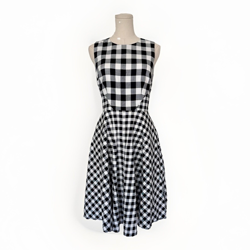 Maggy London Black White Gingham Fit Flare Dress Sleeveless Knee Sz 4 S Prairie - Picture 2 of 9